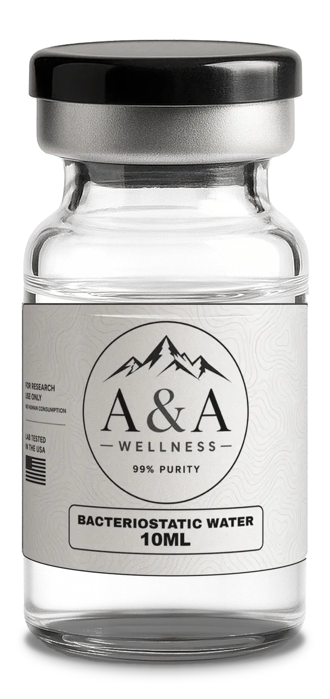 A&A Wellness bacteriostatic water vial with clear solution and white label, 10mL