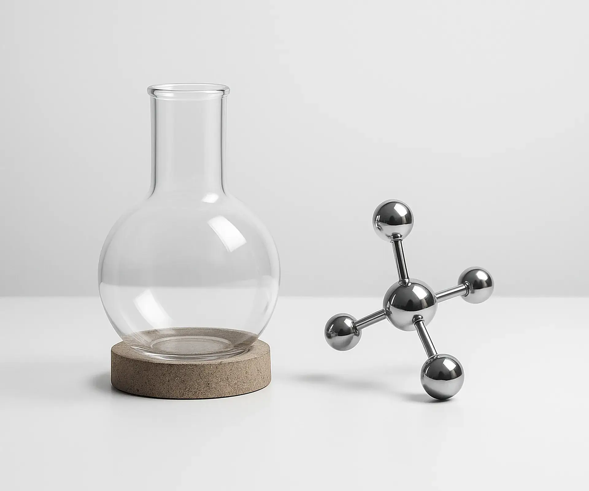 Glass round-bottom flask on a cork ring beside a chrome ball-and-stick molecule model