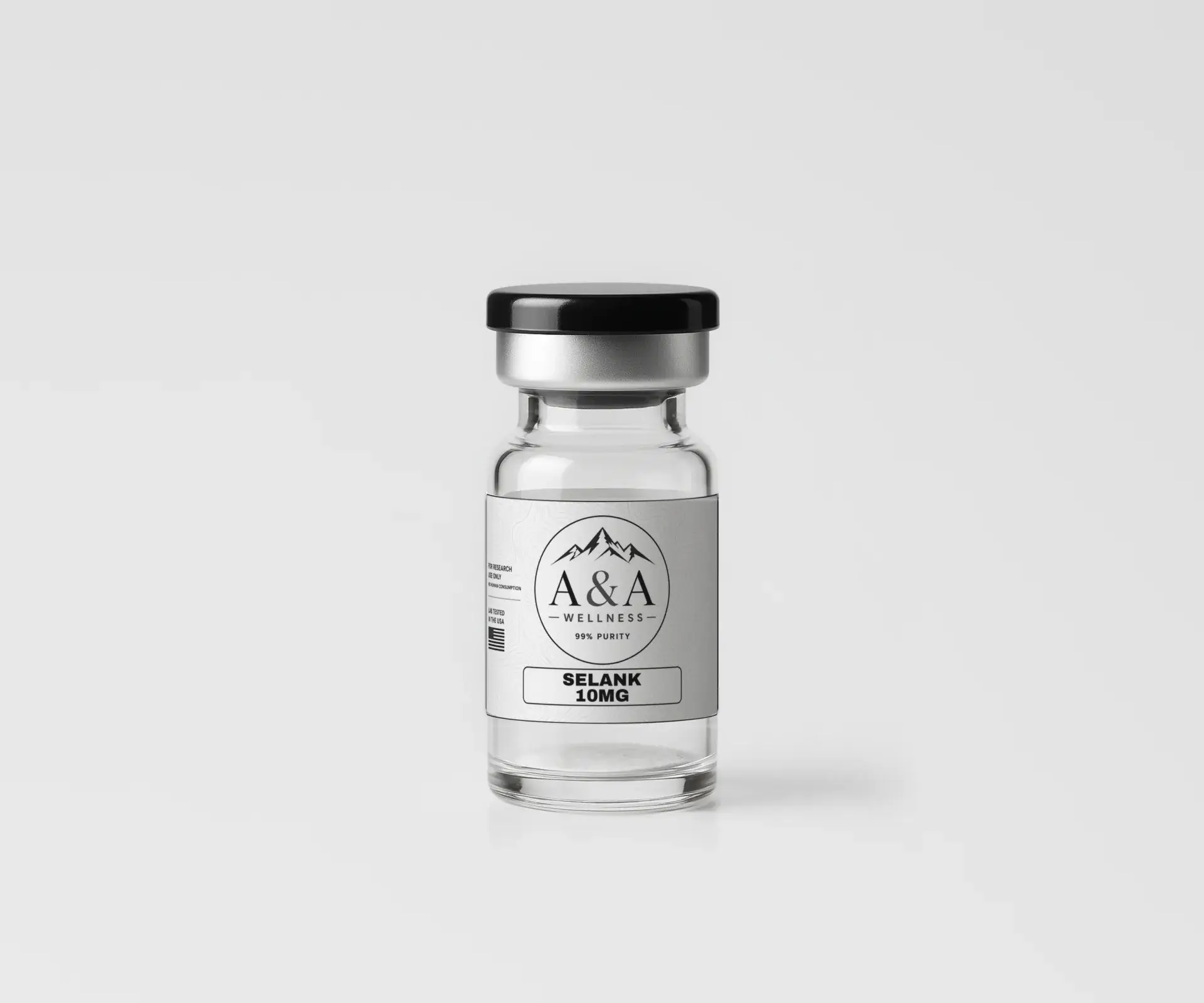 Single A&A Wellness research vial on a soft gray surface with shadow
