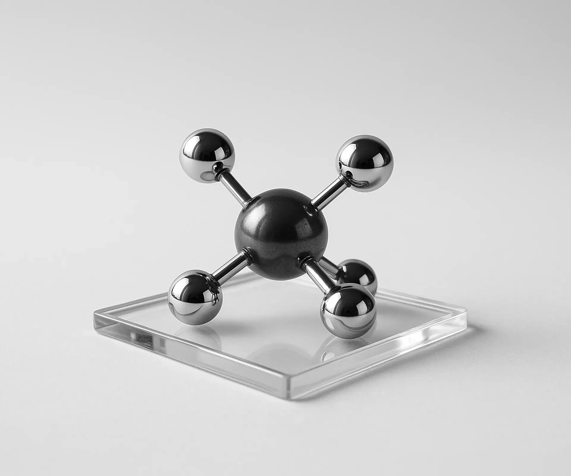 Chrome ball-and-stick molecule model with a dark central sphere resting on a clear glass slab