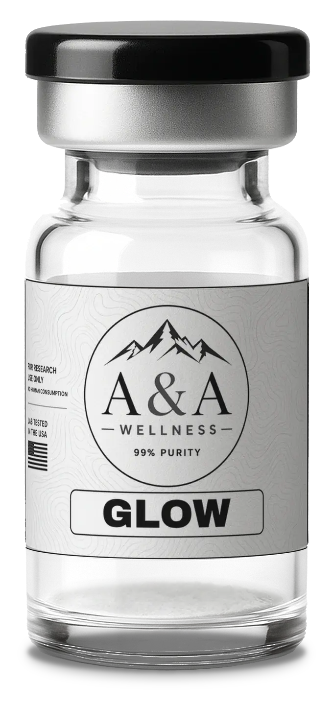 A&A Wellness GLOW Blend 70mg research vial with black cap and white label