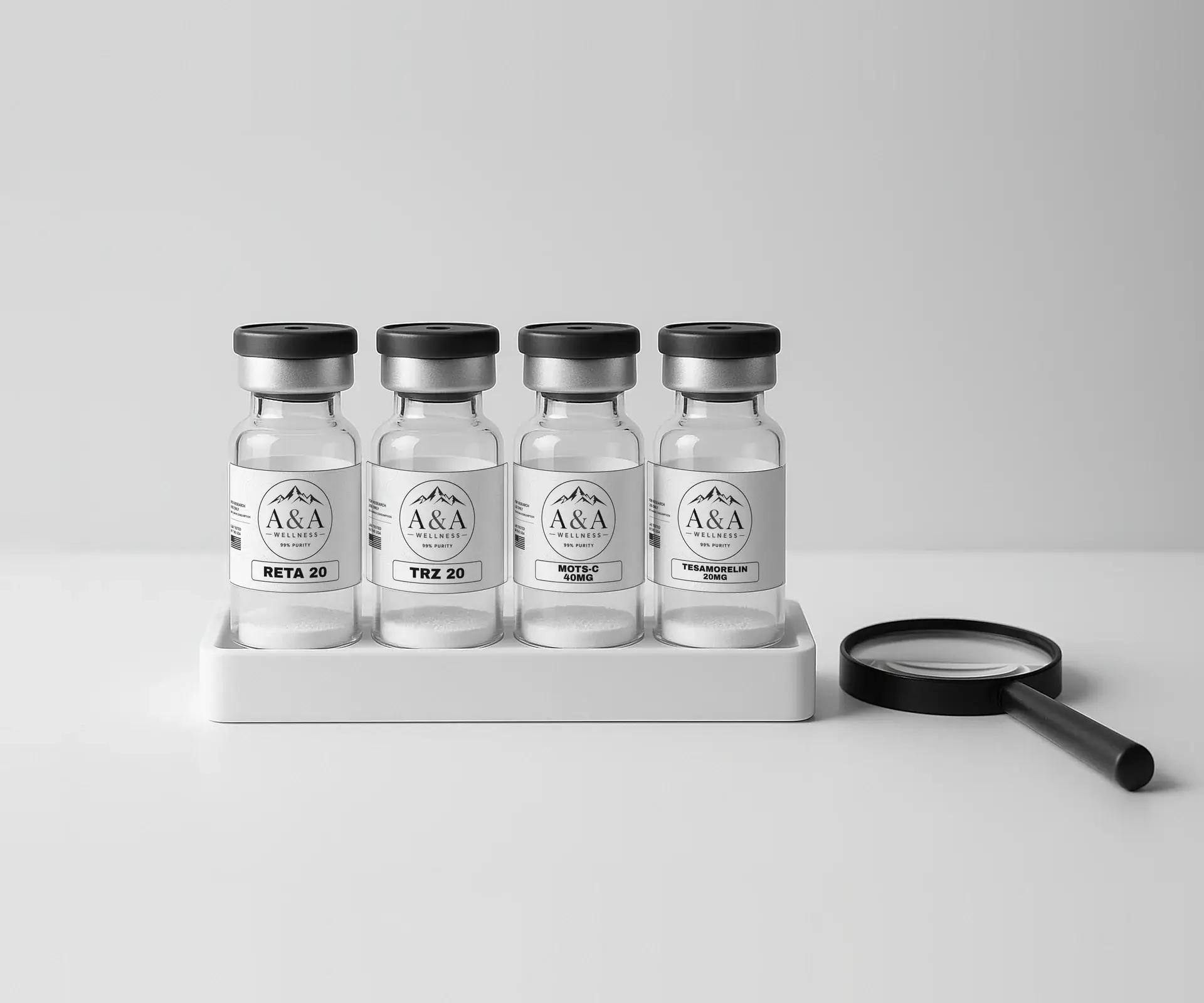 Four A&A Wellness research vials in a white rack beside a magnifying glass