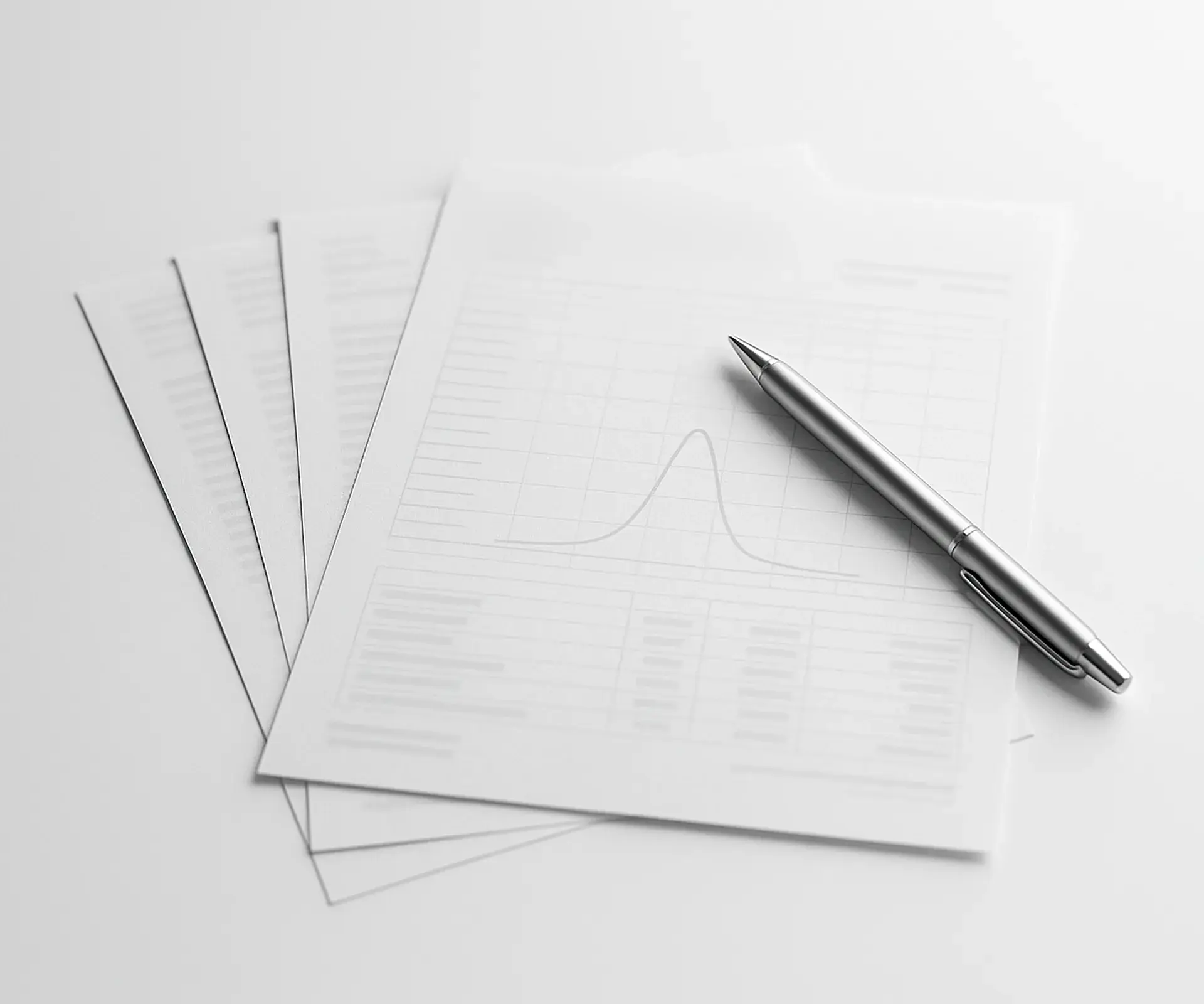 Printed lab report pages with a peak chart and a silver pen on a white desk