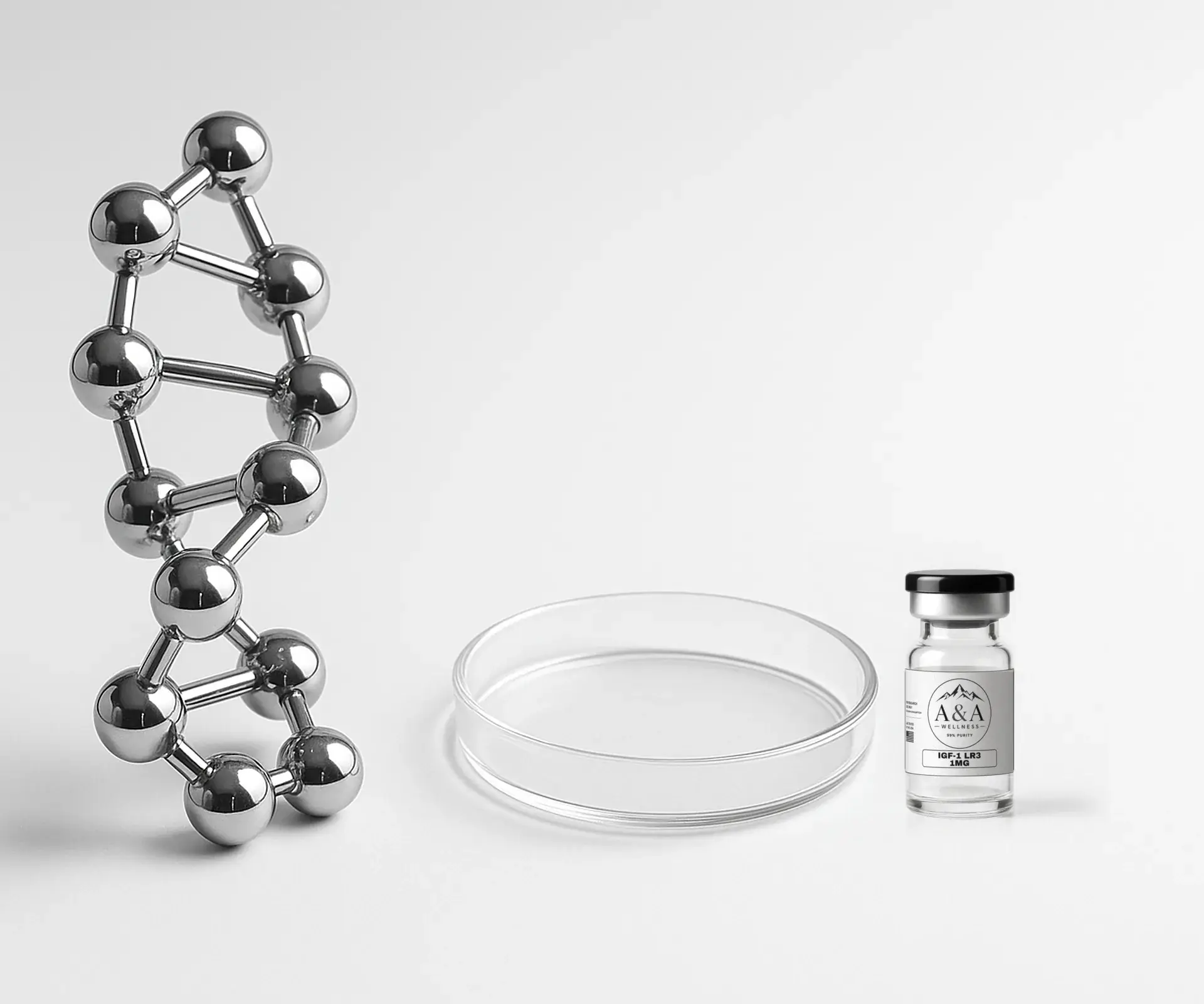 Chrome helix-shaped molecule model, a glass petri dish and an A&A Wellness IGF-1 LR3 research vial on a white bench