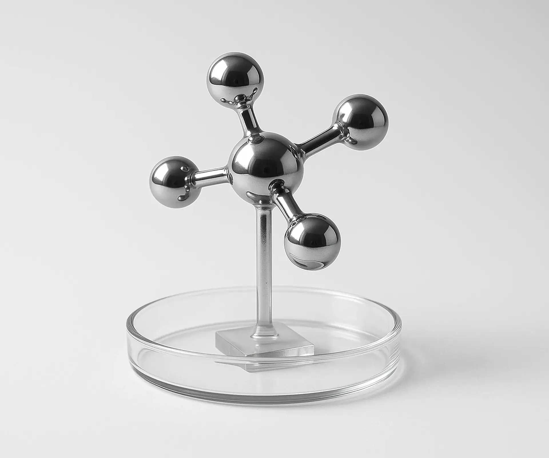 Chrome ball-and-stick molecule model on a clear display stand above a glass petri dish