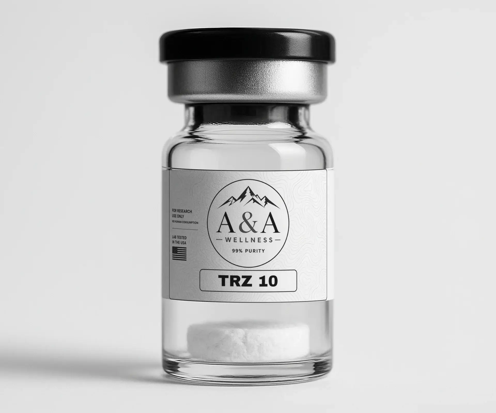 Close-up of an A&A Wellness research vial with a white freeze-dried powder cake below the label