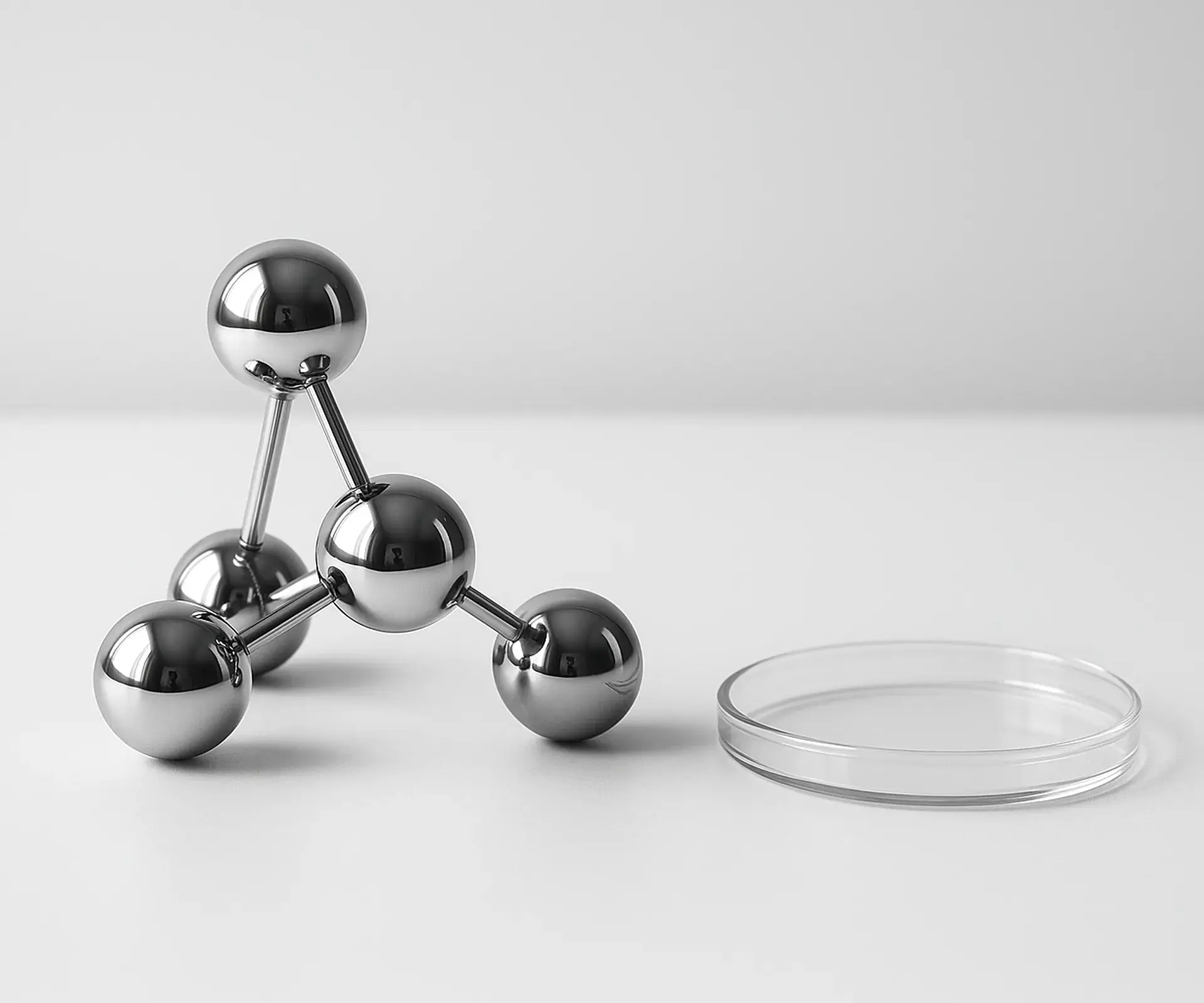 Chrome sphere molecule model beside a clear glass dish on a white bench