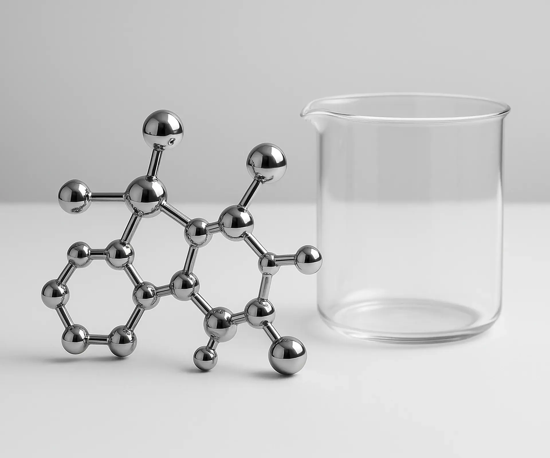 Chrome ball-and-stick ring molecule model beside a clear glass beaker on a white bench