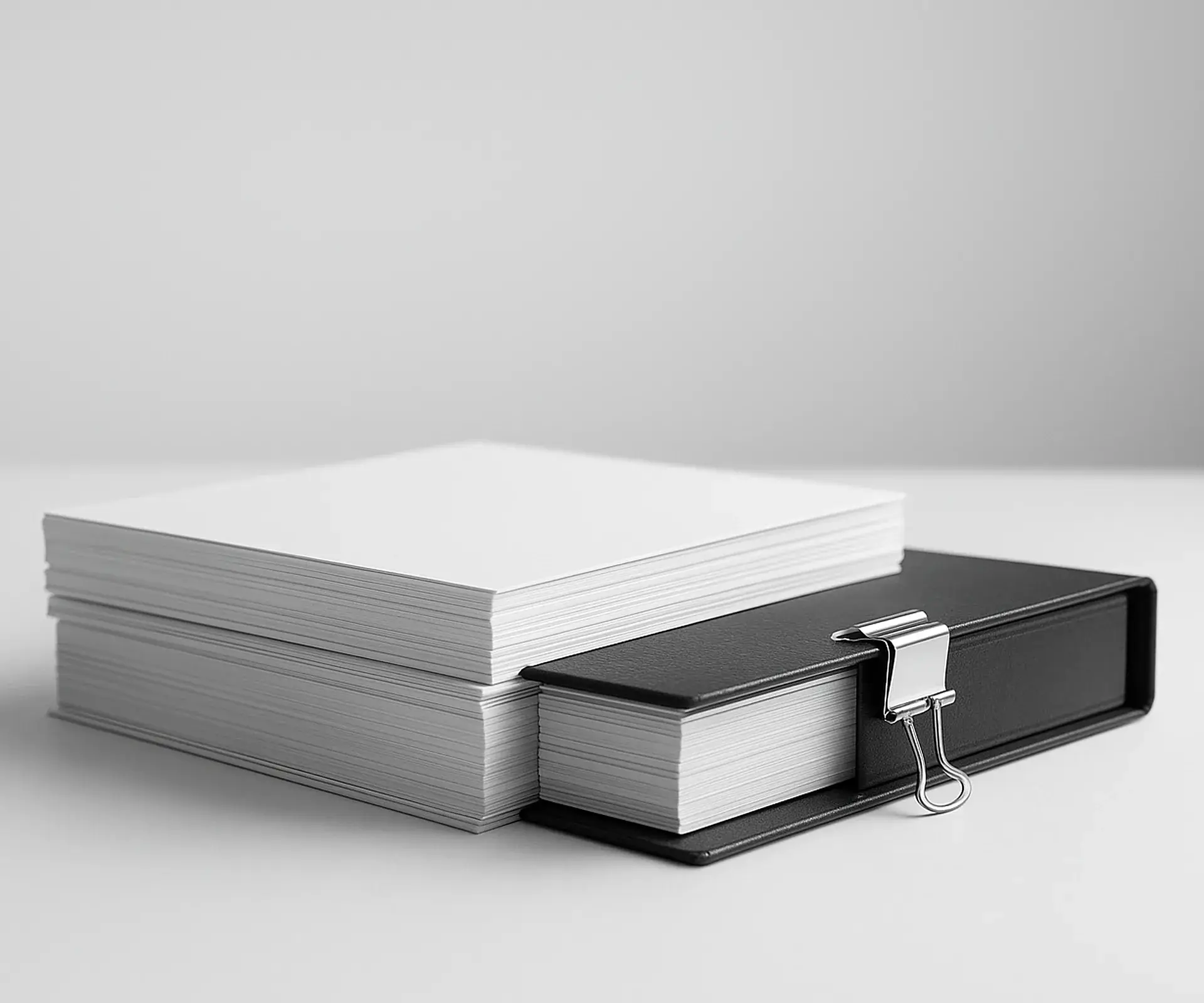 Stack of plain documents and a black binder with a silver clip on a white desk