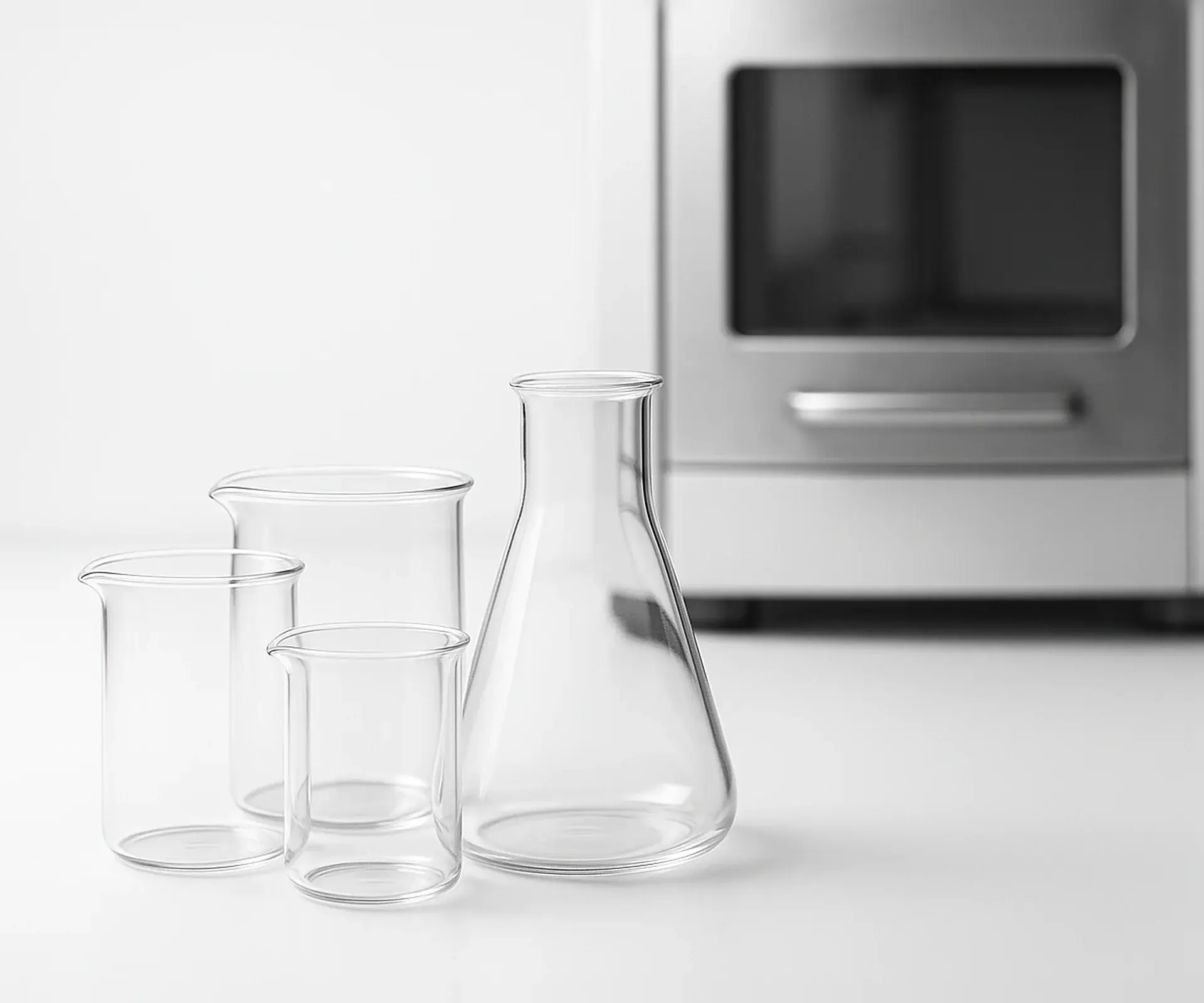Clear glass beakers and an Erlenmeyer flask on a lab bench with an analytical instrument in the background