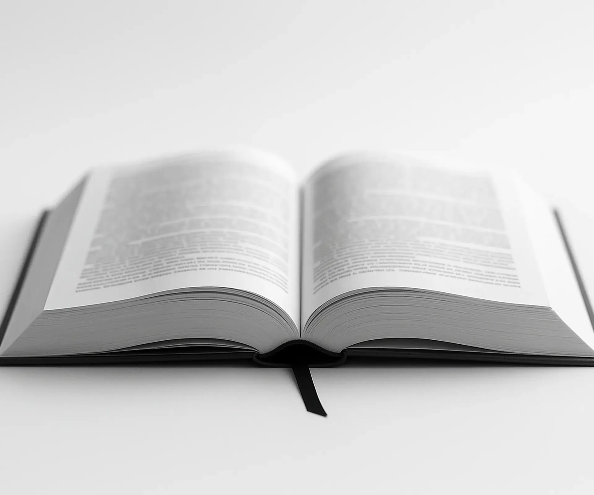 Open reference book with a black ribbon bookmark on a white desk