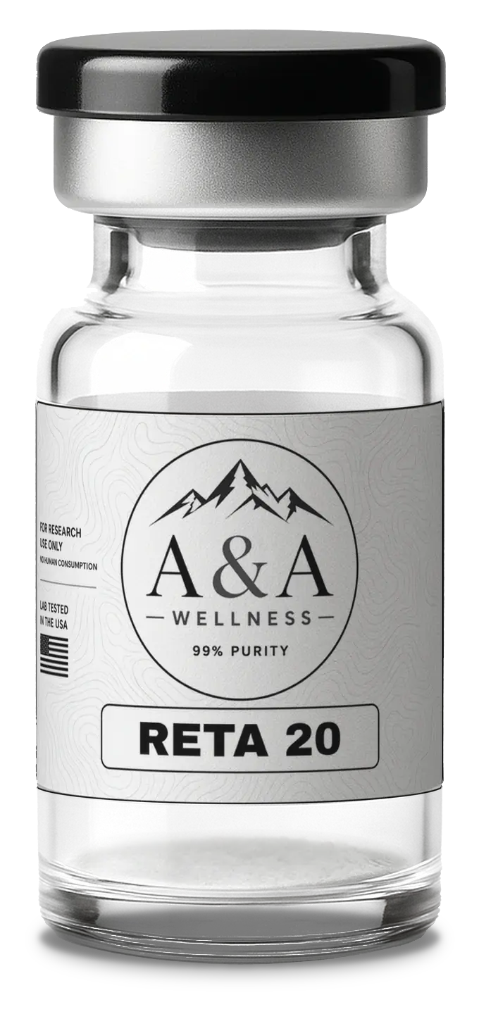 A&A Wellness Retatrutide research peptide vial with black cap and white label, 20mg