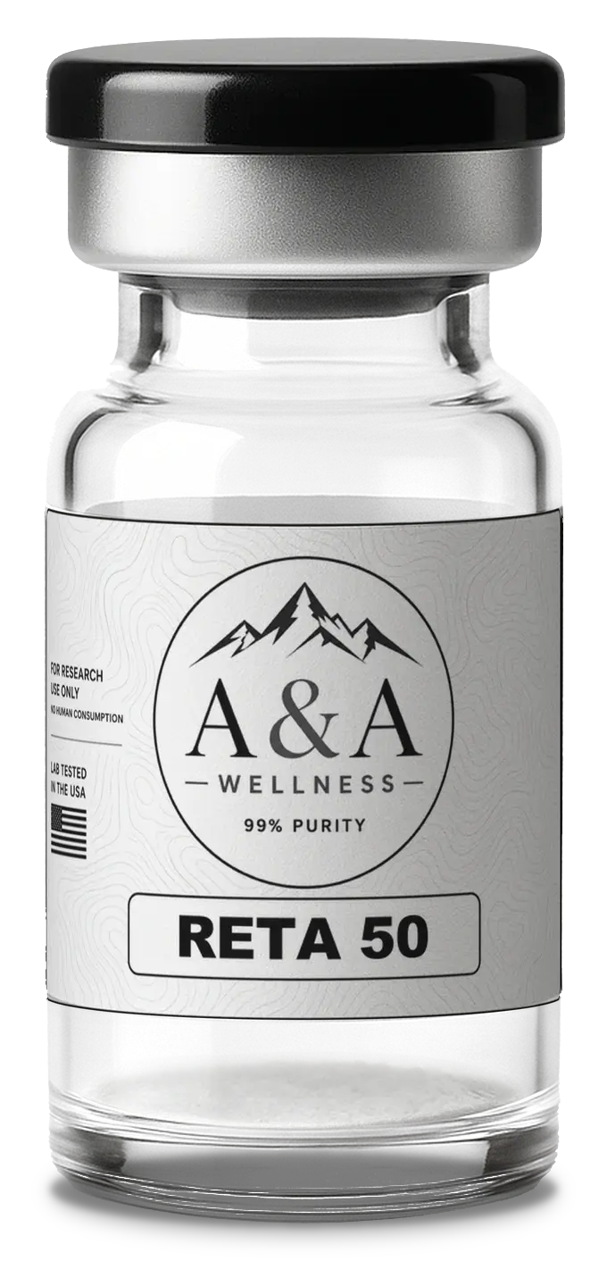 A&A Wellness Retatrutide research peptide vial with black cap and white label, 50mg