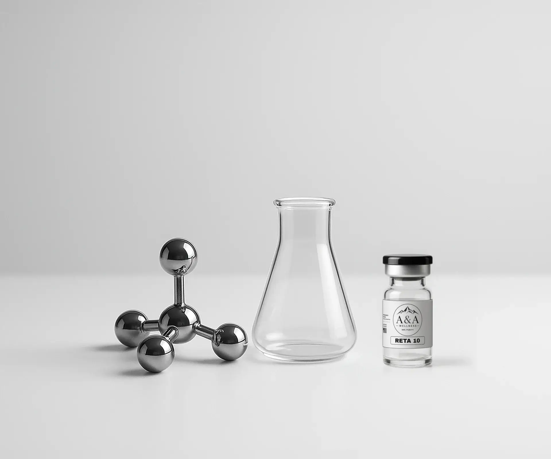 Chrome molecule model, a glass Erlenmeyer flask and an A&A Wellness Retatrutide research vial on a white bench