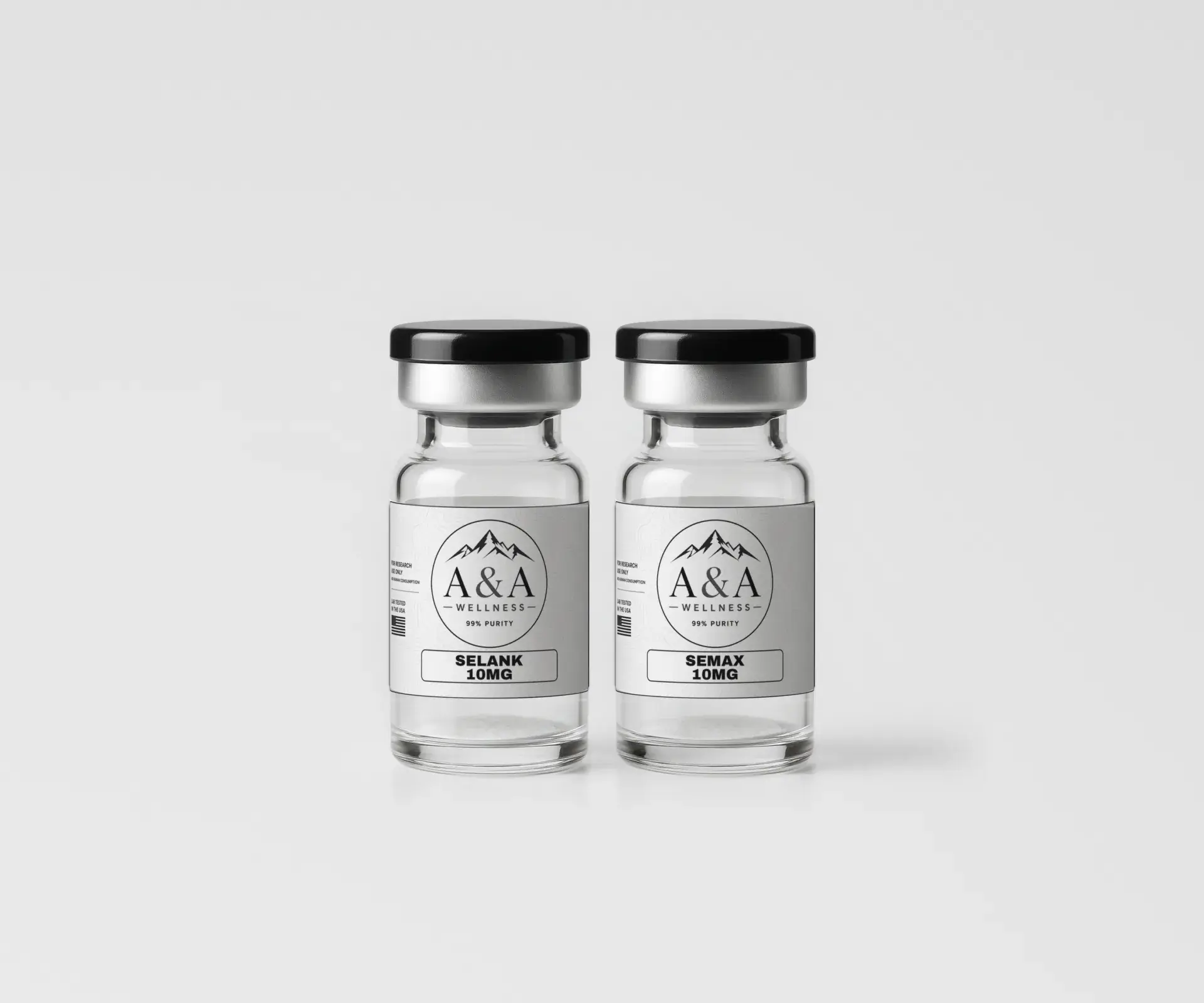 A&A Wellness Selank 10mg and Semax 10mg research vials side by side on a soft gray surface