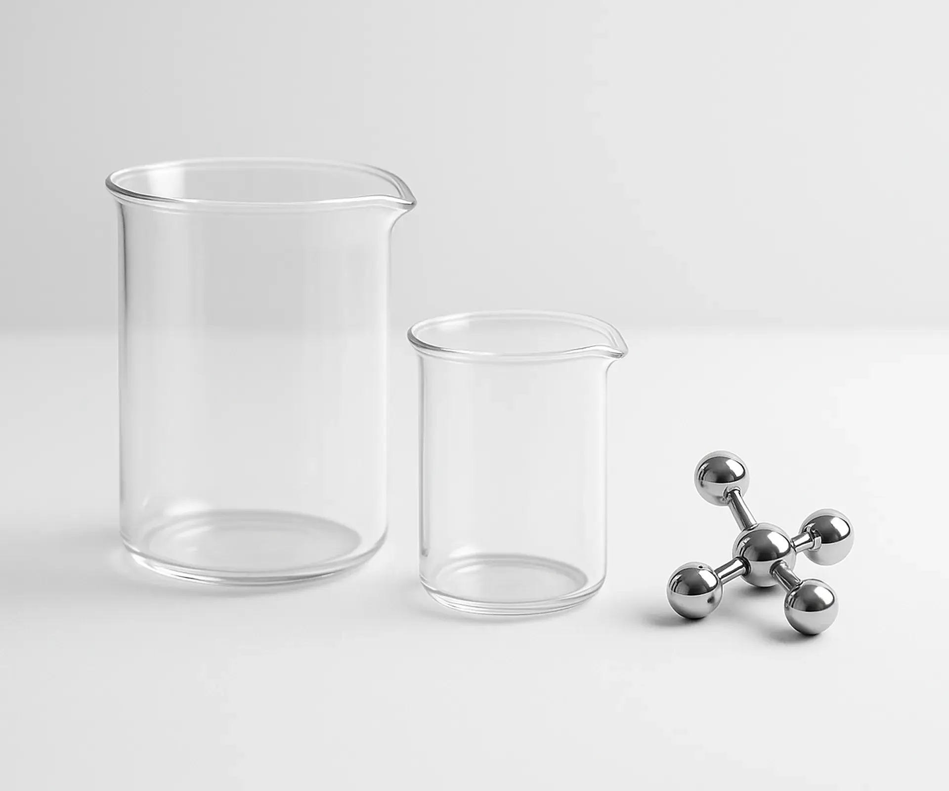 Two clear glass beakers and a chrome ball-and-stick molecule model on a white bench