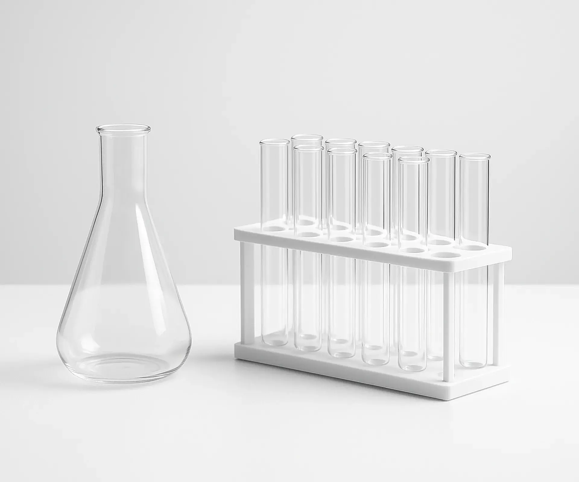 Glass Erlenmeyer flask and a white rack of clear test tubes on a white bench