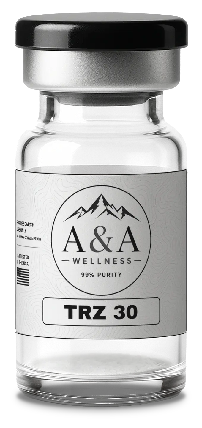 A&A Wellness Tirzepatide research peptide vial with black cap and white label, 30mg