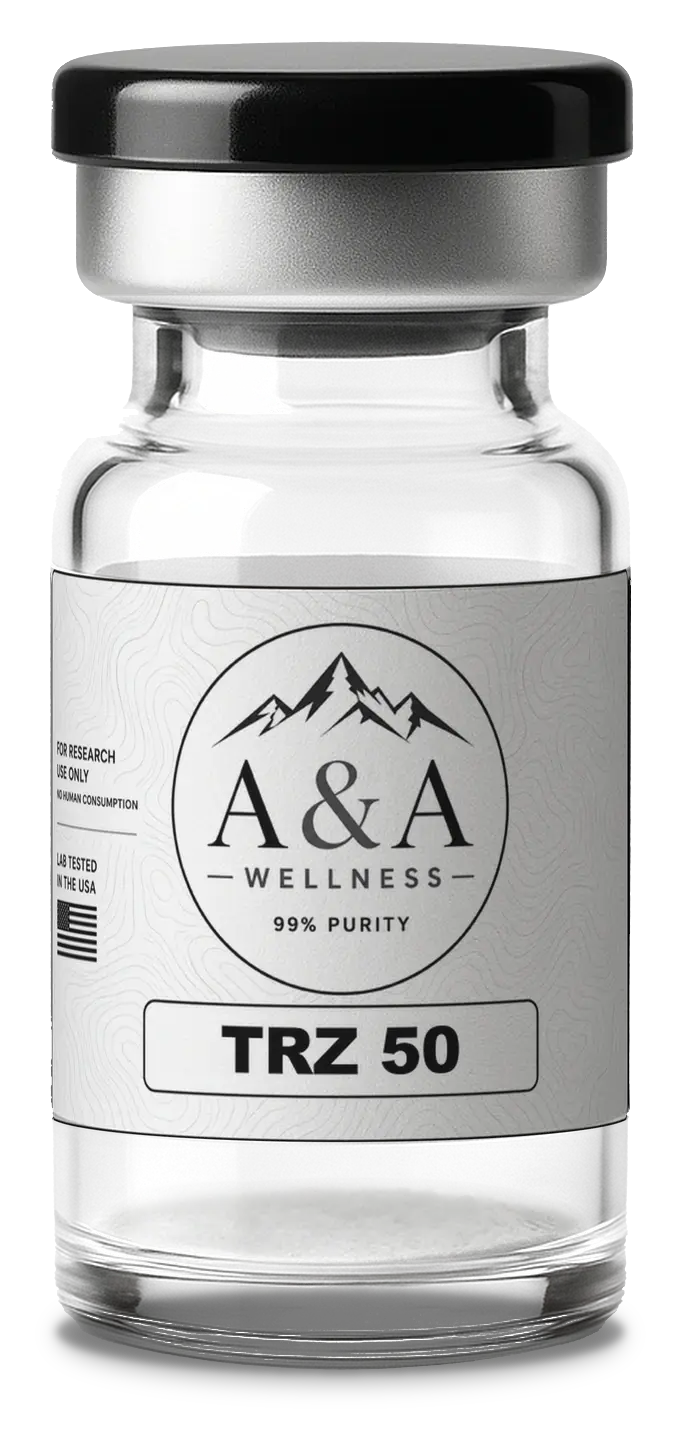 A&A Wellness Tirzepatide research peptide vial with black cap and white label, 50mg
