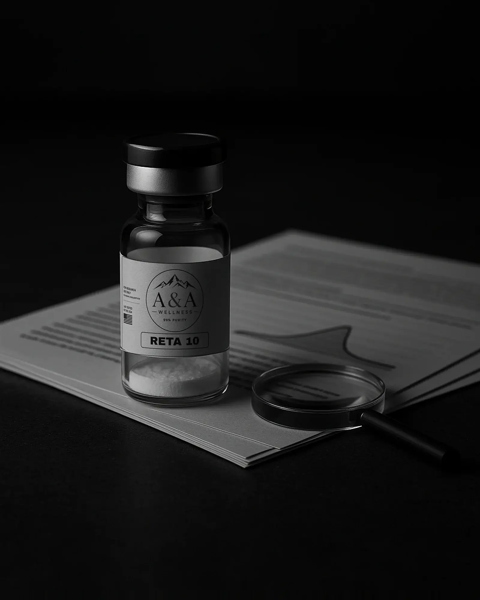 A&A Wellness Retatrutide 10 research vial on a stack of printed spec and lab report pages with a magnifying glass, in low-key studio light